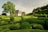 A serene landscape featuring an elegantly manicured garden with a variety of neatly trimmed hedges and topiaries. A charming rustic house with a stone exterior and a steep roof is nestled among the greenery. A large, lush tree stands beside the house, casting a gentle shadow over the garden. The sky is clear with subtle traces of clouds, contributing to the peaceful ambiance.