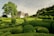 A serene landscape featuring an elegantly manicured garden with a variety of neatly trimmed hedges and topiaries. A charming rustic house with a stone exterior and a steep roof is nestled among the greenery. A large, lush tree stands beside the house, casting a gentle shadow over the garden. The sky is clear with subtle traces of clouds, contributing to the peaceful ambiance.