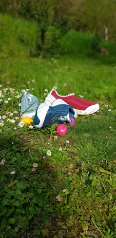 Close-up of a pair of well-worn sports shoes on a grassy pitch.