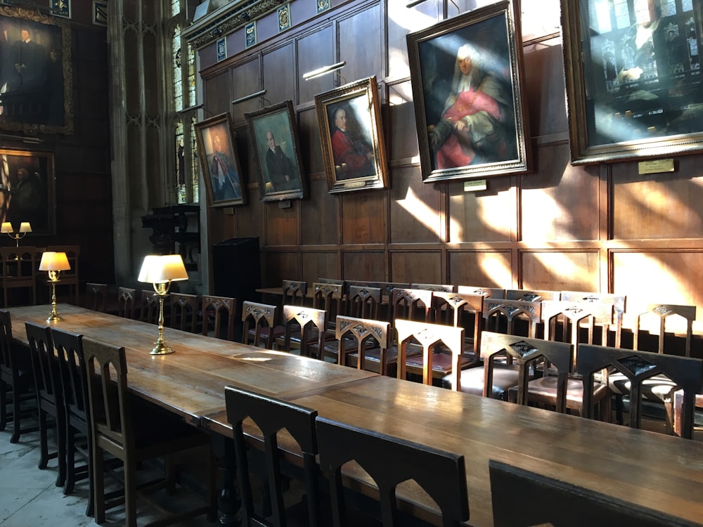 wooden dining area inside building with no people