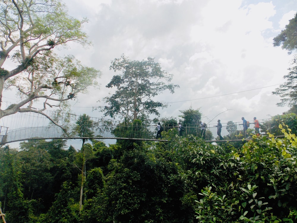 six persons walking on footbridge