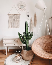 A cozy, minimalist interior space features a wicker chair, a tall cactus in a woven basket, and a small white wooden table with drawers. The room includes bohemian decor elements like a macrame wall hanging and a decorative eye-shaped mirror. A large floor lamp and decorative items such as dried grasses and a wicker lantern add to the laid-back vibe.