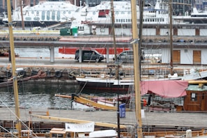 A panoramic view of a bustling harbor with multiple ships docked.