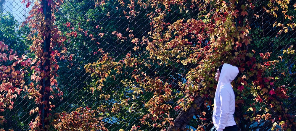 person wearing white hoodie on front of red trees