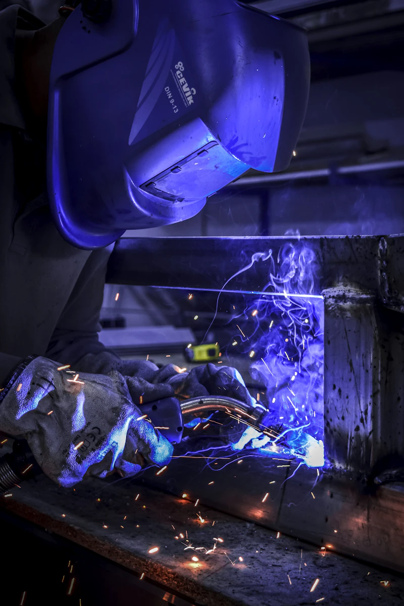 MIG welded structural steel frame during fabrication