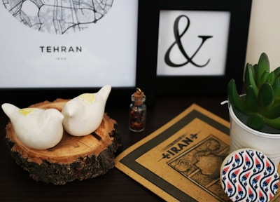 On a wooden surface, there is a decorative arrangement featuring two white ceramic bird figurines placed on a slice of tree bark. Beside them is a small glass jar filled with colorful beads or stones. In the background, there are framed items including a map labeled 'Tehran' and an ampersand symbol. A small white pot contains a green succulent plant, and a coaster with a blue and red pattern leans against a vintage book with 'Iran' on the cover.