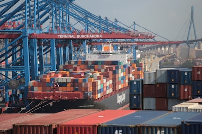 A bustling shipping terminal with numerous colorful shipping containers stacked on a large freight ship. The cranes and infrastructure towering above indicate an industrial environment, with the bridge in the background suggesting proximity to urban areas.
