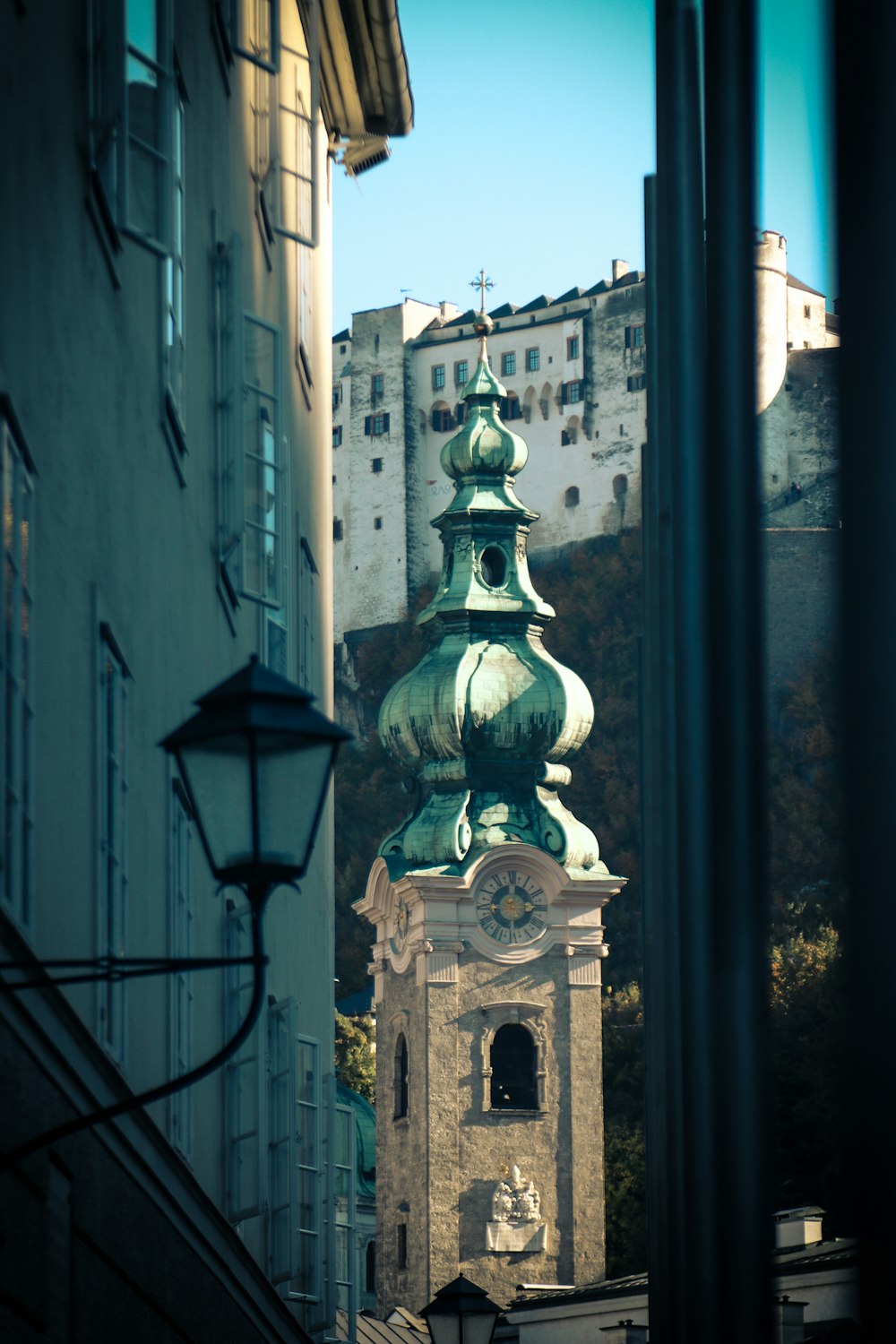 belltower between buildings