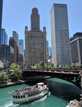 white boat with passengers crossing under bridge during daytime