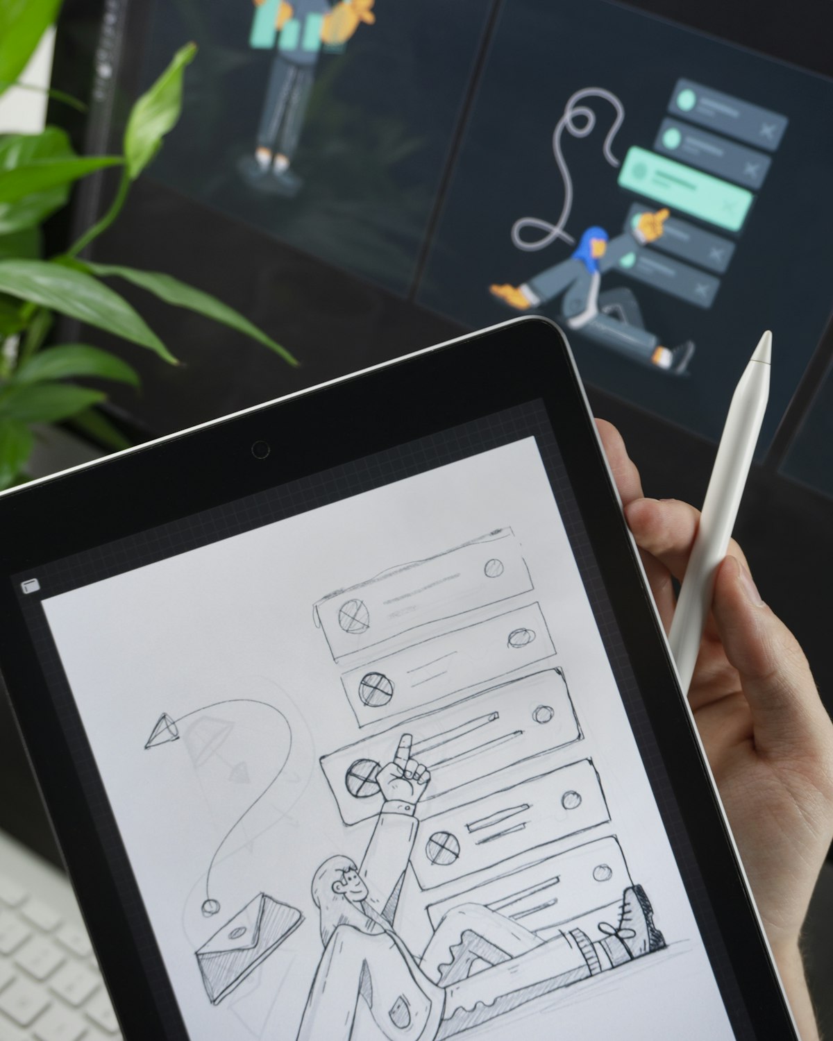Main tenant un stylet blanc devant un iPad affichant un croquis au crayon, écrans en arrière-plan