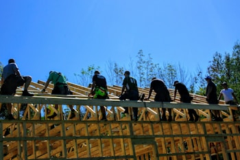 A group of construction workers are building a wooden roof structure on a sunny day. The workers, equipped with tools, are actively engaged in the construction under clear blue skies. Surrounding the site is a line of trees, which frames the image.