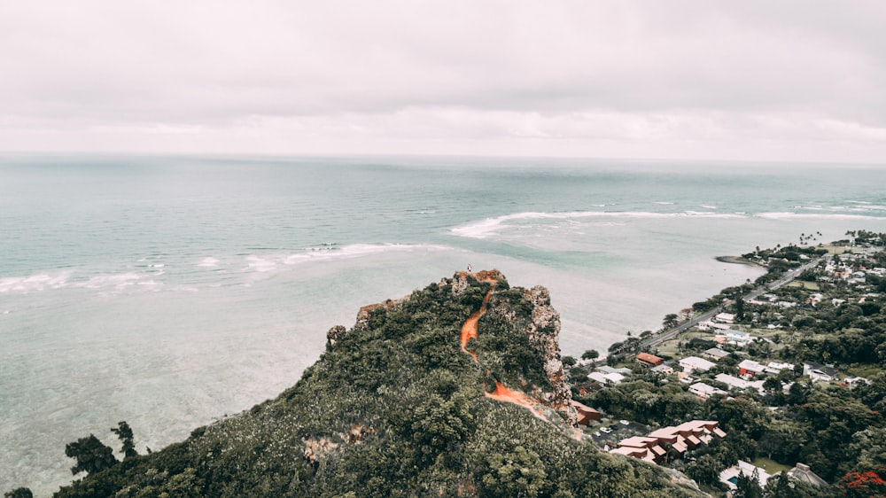 mountain with houses near ocean