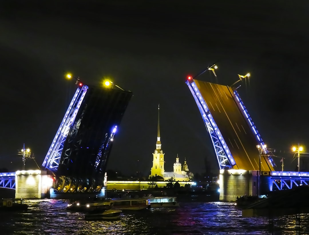 bridge lifted up as ferry passing under, Draw bridges in Petersburg