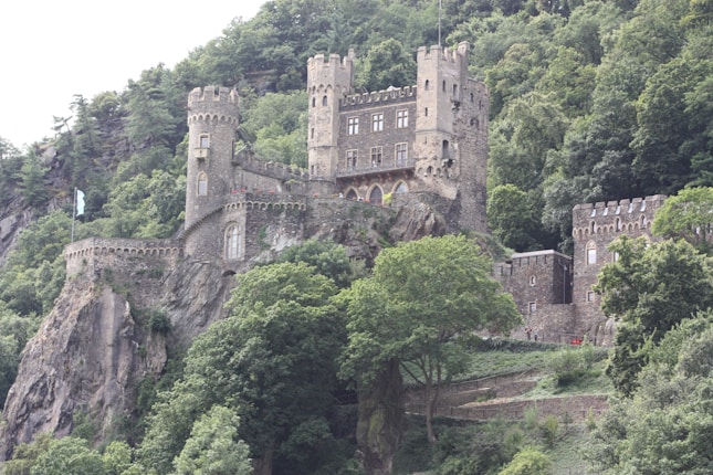 A medieval castle perched atop a rocky cliff surrounded by lush green forest. The stone structure features tall towers and crenellated walls, evoking a sense of historical grandeur. The natural landscape around it enhances its majestic and somewhat isolated appearance.