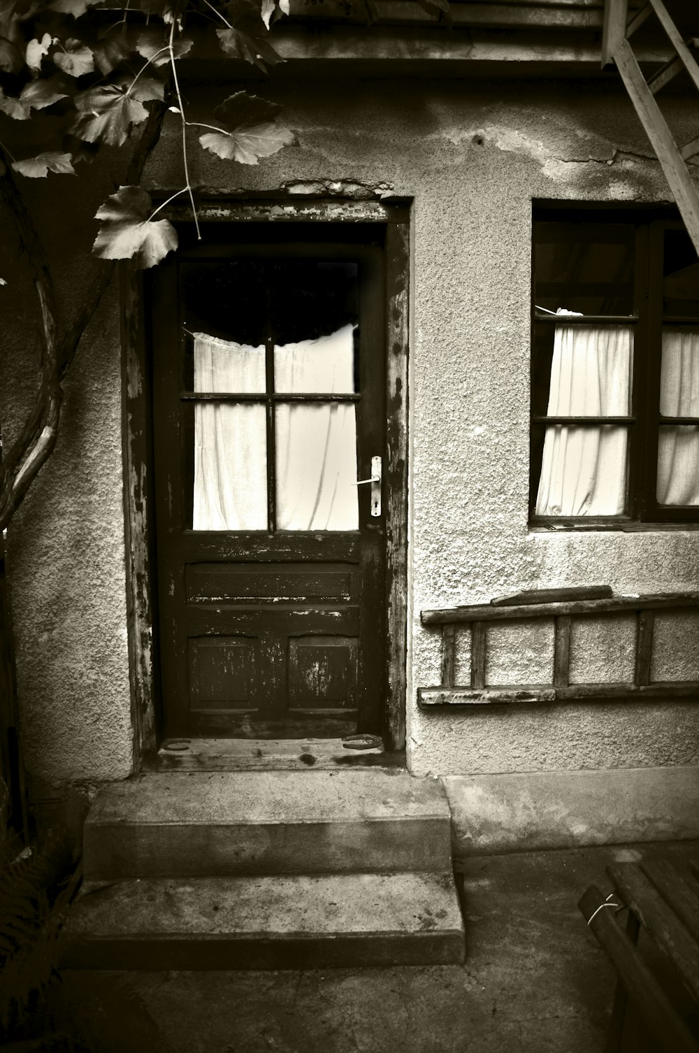 a black and white photo of a door and steps