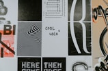 A collage of various black and white graphic designs with text and abstract patterns. The words 'COOL = LOCO' are prominently featured in handwritten style in the center. The surrounding images include wavy lines, large graphic letters, and dot matrices. The arrangement has an urban and artistic vibe.