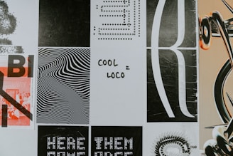 A collage of various black and white graphic designs with text and abstract patterns. The words 'COOL = LOCO' are prominently featured in handwritten style in the center. The surrounding images include wavy lines, large graphic letters, and dot matrices. The arrangement has an urban and artistic vibe.