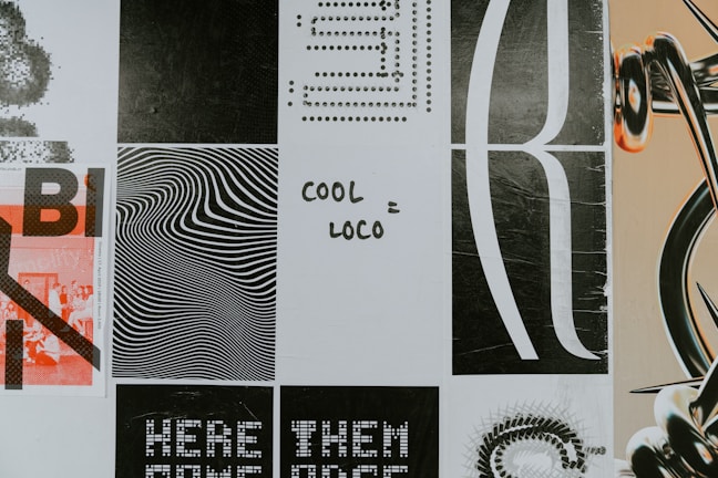 A collage of various black and white graphic designs with text and abstract patterns. The words 'COOL = LOCO' are prominently featured in handwritten style in the center. The surrounding images include wavy lines, large graphic letters, and dot matrices. The arrangement has an urban and artistic vibe.