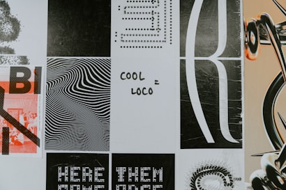 A collage of various black and white graphic designs with text and abstract patterns. The words 'COOL = LOCO' are prominently featured in handwritten style in the center. The surrounding images include wavy lines, large graphic letters, and dot matrices. The arrangement has an urban and artistic vibe.