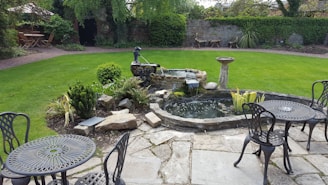 A freshly manicured lawn with a variety of ornamental plants and a small water feature adding tranquility.