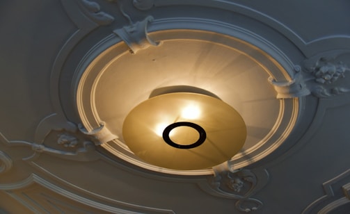 A decorative ceiling with intricate molding and a central light fixture. The molding features ornate floral designs and smooth, curved lines, complementing the soft, warm glow emitted by the light at the center. The light has a circular design with a metal ring, creating a focal point in the ceiling's architecture.