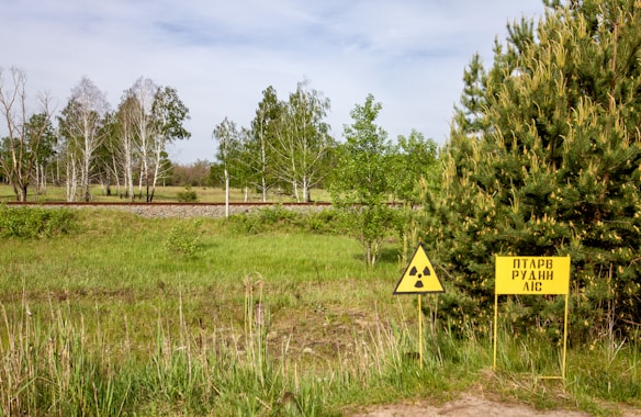 A grassy field with sparse trees, some of which have bare branches, is shown under a partly cloudy sky. There are two yellow warning signs on the right side of the field; one of them features a radiation symbol and the other has text. In the background, there's a metal pole and a set of train tracks running horizontally through the scene.