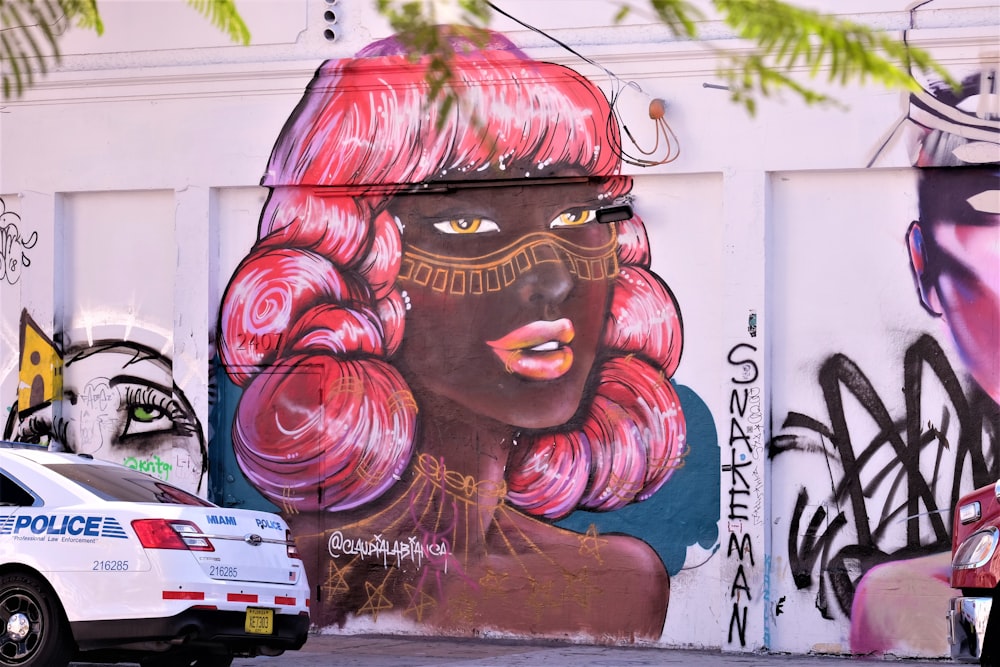 Pintura mural de mujer de pelo rosa