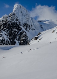 A dynamic shot of a ski instructor guiding a small group down a snowy mountain slope under clear blue skies.