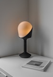 black and beige lamp on shelf