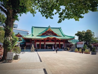 people walking outside temple