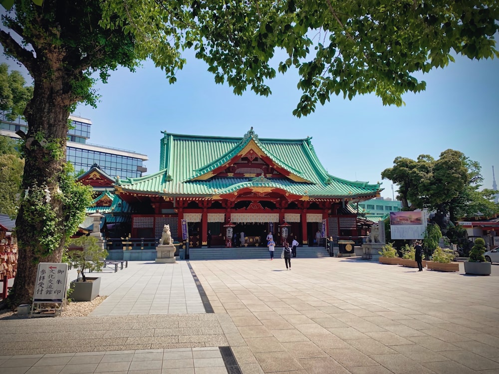 people walking outside temple