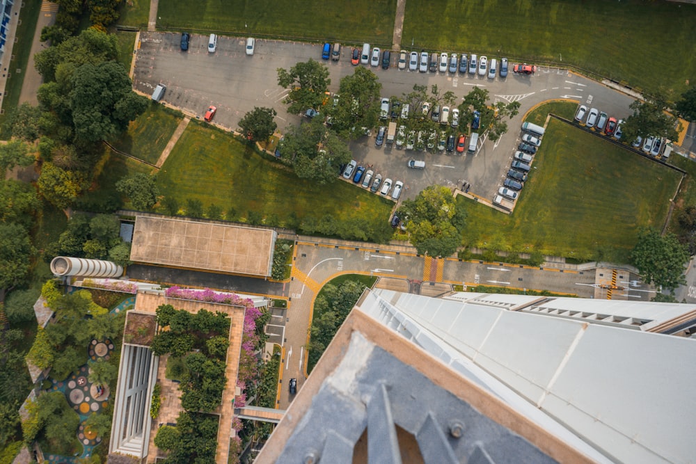 an aerial view of a parking lot and a parking lot