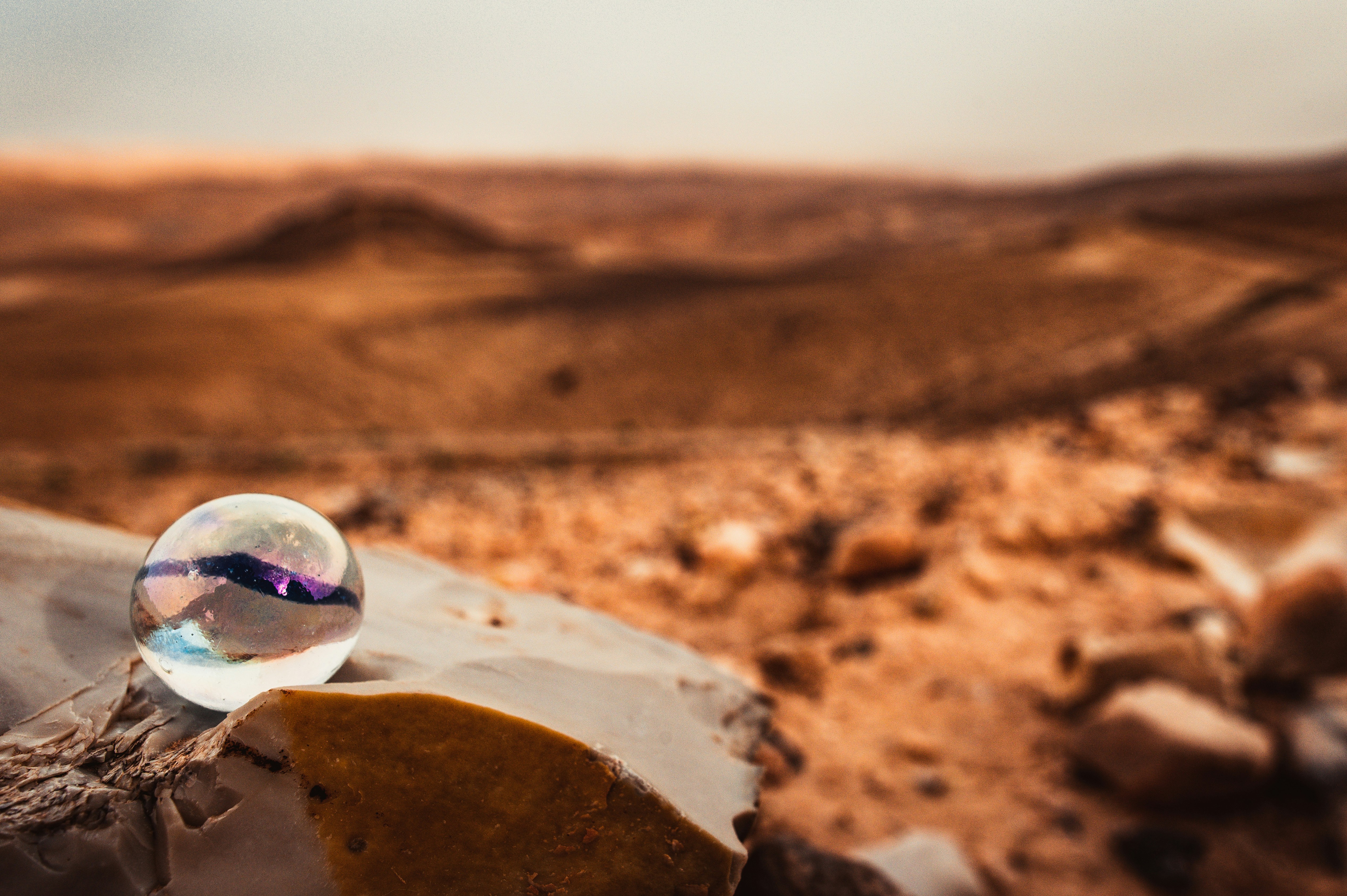 macro photography of glass globe on rocks