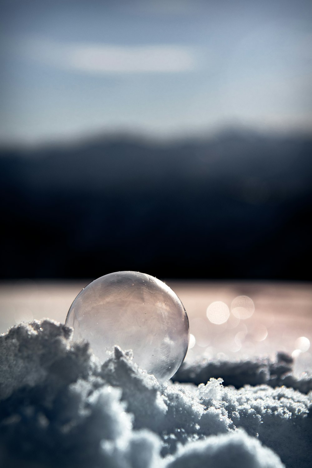 selective focus photography of water drop on snow