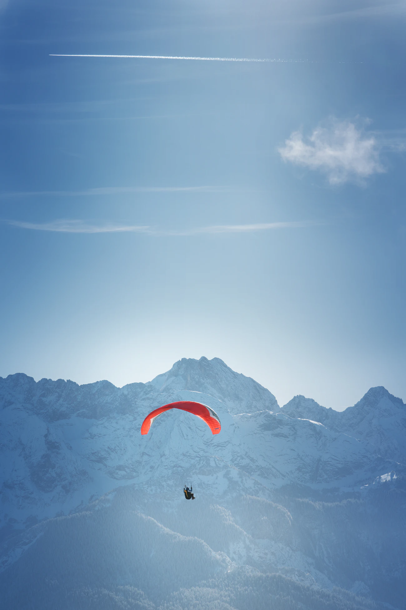 A red wing crossing bright sunlit snowy peaks, shot from below