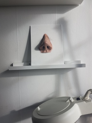 A sculpted nose is mounted on a small white shelf, with a white wall backdrop. Below the shelf is a white machine with a round top and an attached handle.