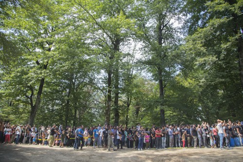 A large group of people is gathered in a forested area, surrounded by tall green trees. The crowd includes individuals of varying ages, standing closely together. The atmosphere appears lively, with some participants taking photos or interacting with each other.