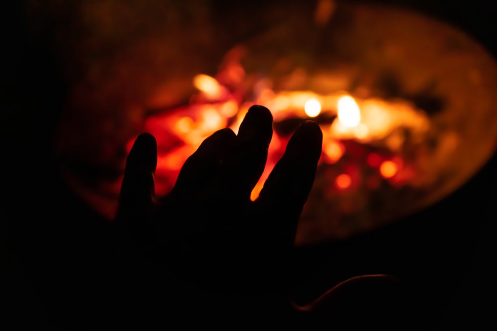 person's hand near fire pit
