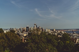 A cityscape featuring a cluster of modern skyscrapers with a prominent space needle structure. The skyline is set against a clear blue sky with subtle wisps of clouds. In the foreground, lush green trees and residential buildings are visible, leading toward the waterfront on the right, where urban industrial structures can be seen.