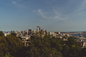 A cityscape featuring a cluster of modern skyscrapers with a prominent space needle structure. The skyline is set against a clear blue sky with subtle wisps of clouds. In the foreground, lush green trees and residential buildings are visible, leading toward the waterfront on the right, where urban industrial structures can be seen.