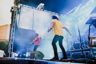 Behind-the-scenes shot of a music video shoot with bright yellow accents and energetic performers.