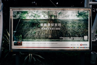 A public advertisement poster situated outdoors, featuring a stone wall with tree roots visible on the surface. The poster includes text in Chinese and English, along with a QR code and the MTR logo. The surrounding environment includes vegetation and metal structures.