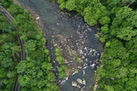 Aerial shot of a winding river cutting through a dense forest, taken by a drone.