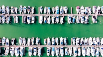 Aerial view of a marina with multiple boats docked and clear water