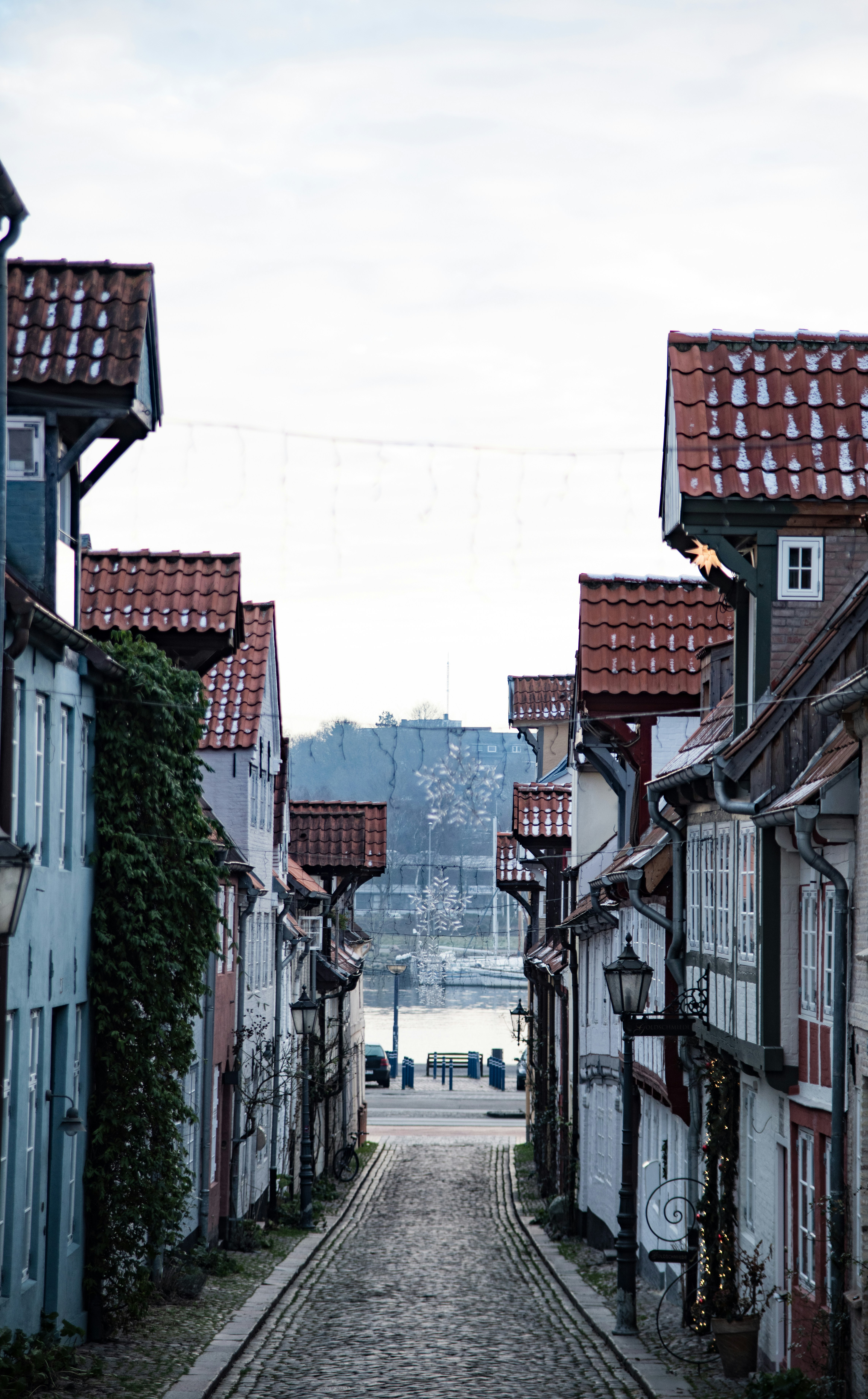 few vehicles parking near wooden houses viewing pathway with no people
