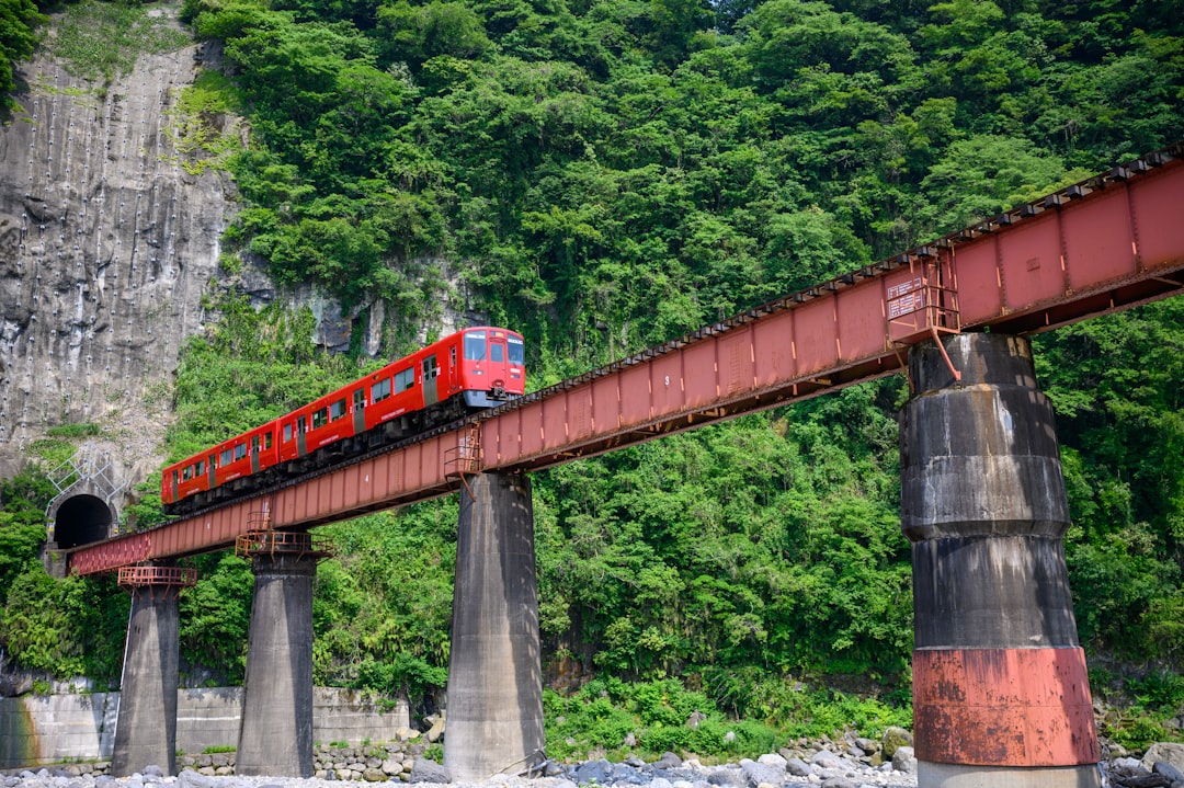 low-angle photography of red train