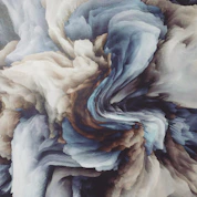 an abstract painting of blue, brown, and white colors