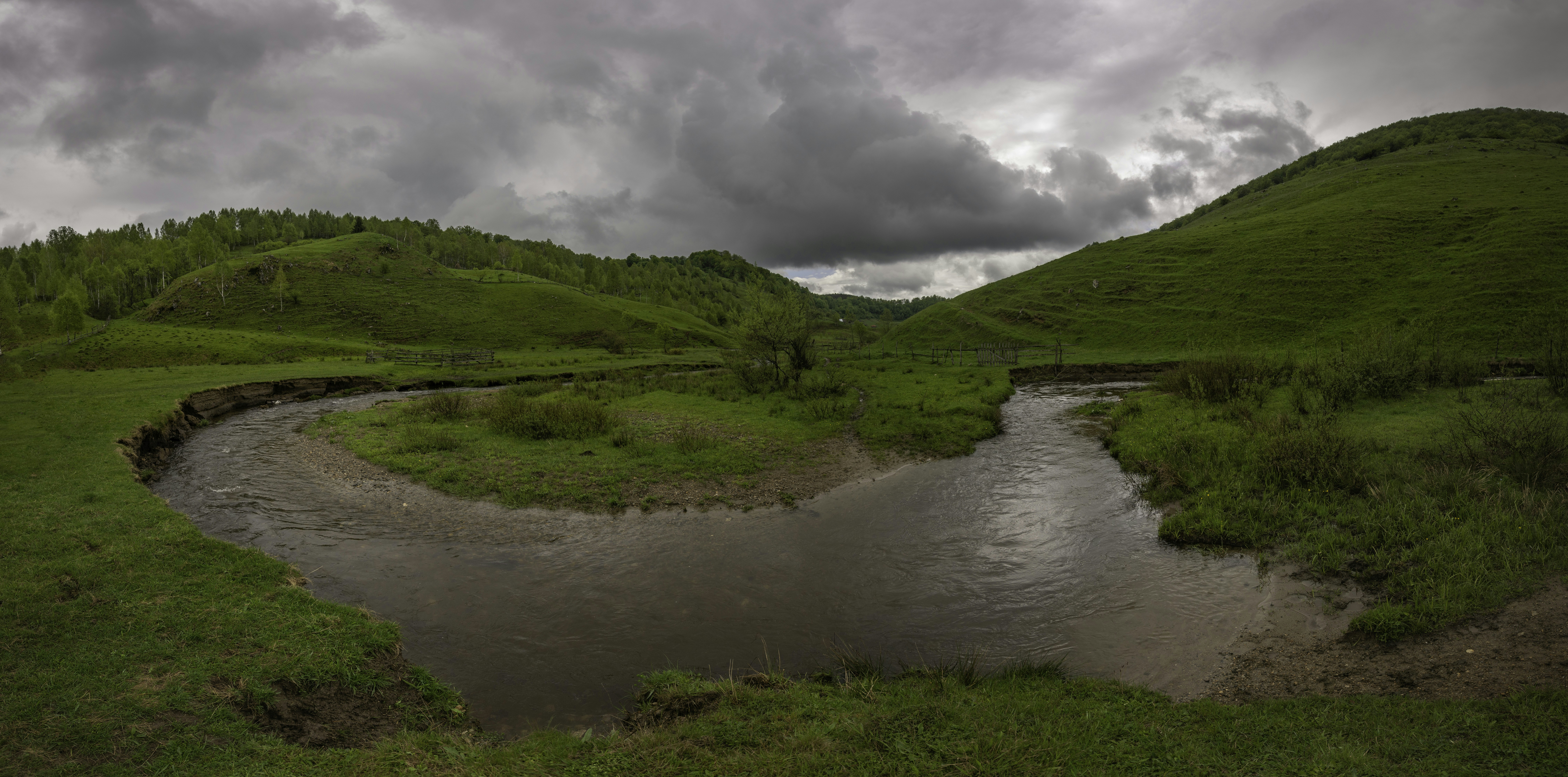 Bach fließt durch grüne Landschaft