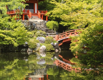 red temple and bridge Kyoto, Japan