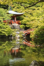 red temple near body of water